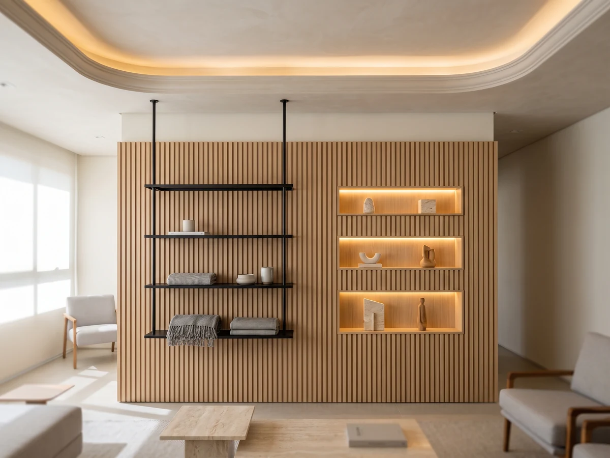 Painel ripado de madeira com rack suspenso na sala