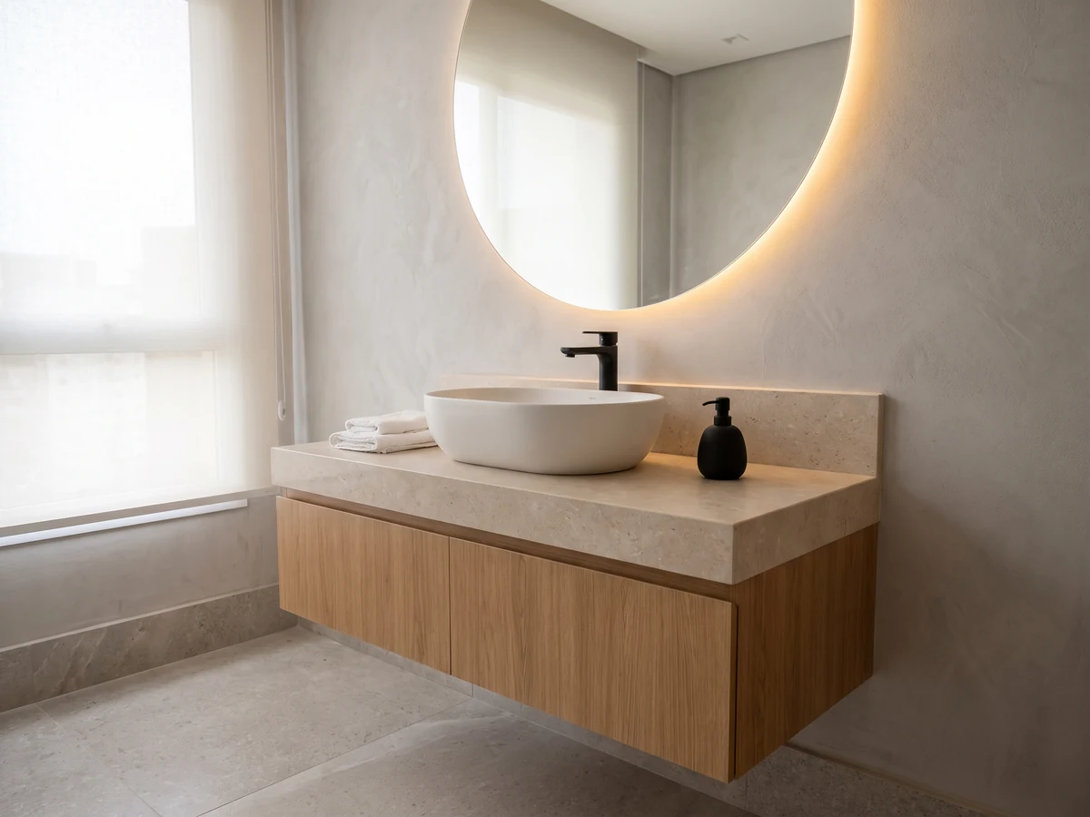 Lavabo com gabinete suspenso e espelho redondo iluminado