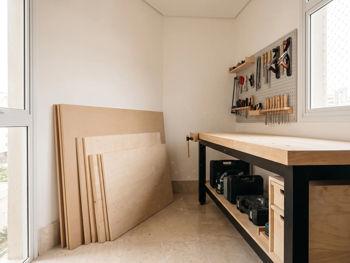Oficina de marcenaria com chapas de MDF e bancada de trabalho